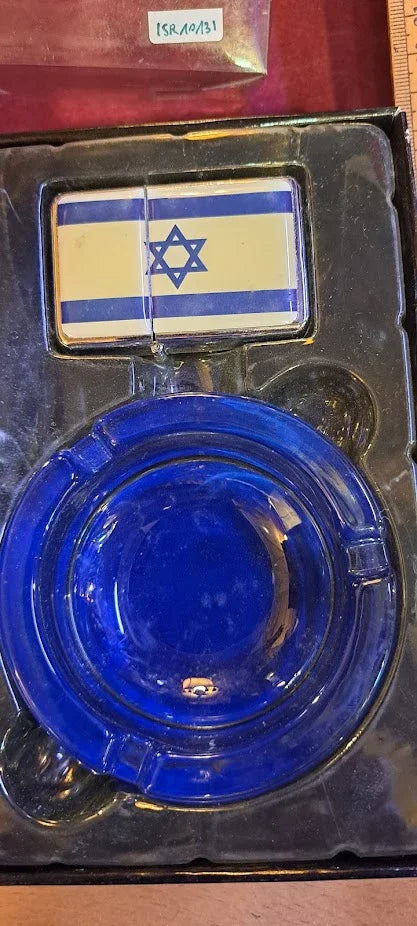 Vintage blue glass ashtray set with Israel flag collectible in display packaging