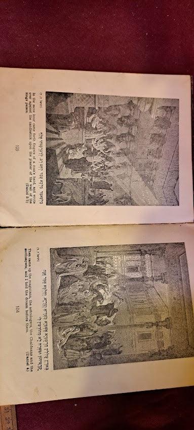 Vintage illustrated book pages with antique black and white drawings and text
