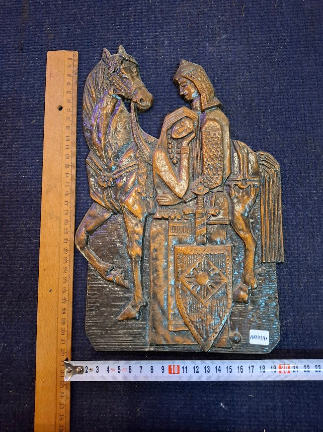 Copper wall relief of a knight on a horse and his lover [ART10290]