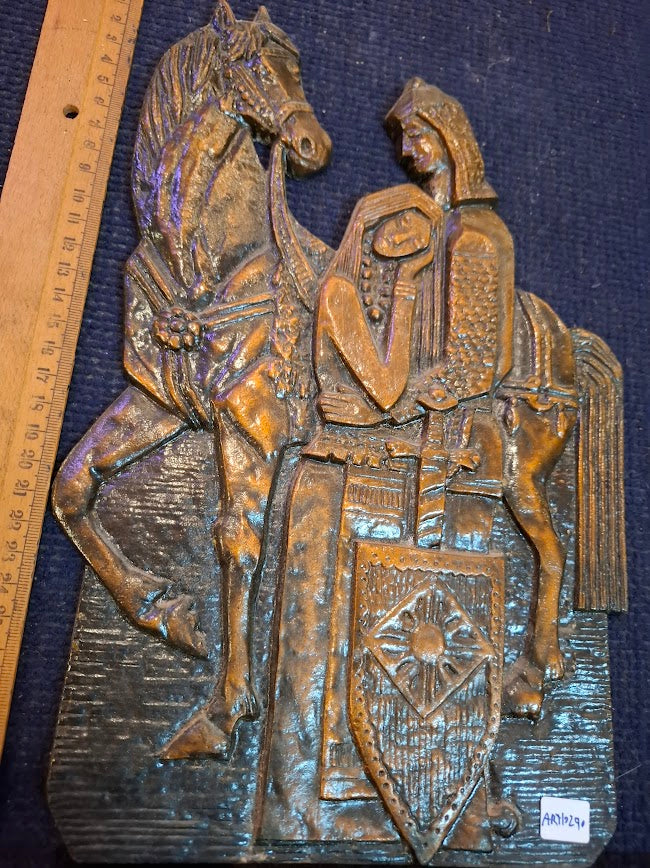 Copper wall relief of a knight on a horse and his lover [ART10290]