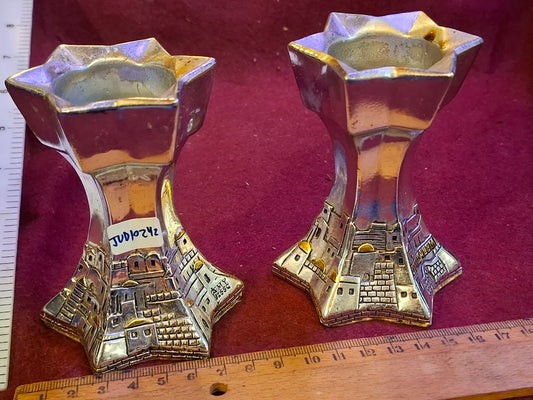 Judaica 925 silver, Jerusalem Shabat pair candle holders [JUD10242]