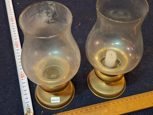 Vintage brass pair candlesticks with glass covers [ART10303]